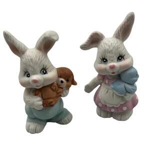 Vintage Set Ceramic Easter Bunny Rabbits Spring Decor Figurines Puppy Blue Bird